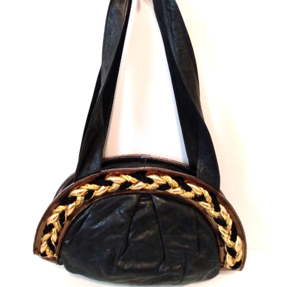 New York New York Genuine Leather Black Gold Zip Double Strap ShoulderBag